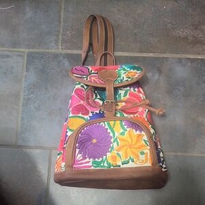 Embroidered Floral Leather-Trim Backpack Purse- Multicolor